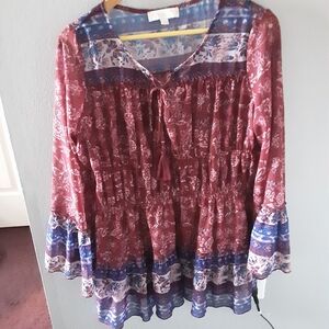 Suzanne Betro Burgundy and Navy Floral Blouse